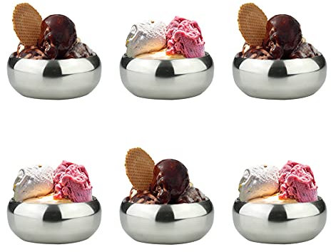 GK Global Kitchen Stainless Steel Ice Cream Bowls Set Of 6 Dessert Cups Bowls Ice Cream Serving Dishes Mini Fruit Salad Cocktail Pudding Bowls Appetizers Nibbles Sauce Dips Condiment (9cm)