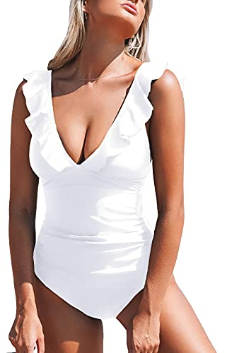 CUPSHE Damen Badeanzug Volants V Ausschnitt Monokinis Raffung Bauchweg Lace Up Einteilige Bademode Swimsuit Weiß M