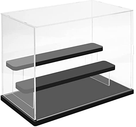Nynelly 3 Tier Clear Acrylic Display Case for Models, Mini Figures, Pop Mart, Labubu, Sonny Angel, Smiski - Assemble Dustproof Display Box with Door, Display Stand (Black Base Step)