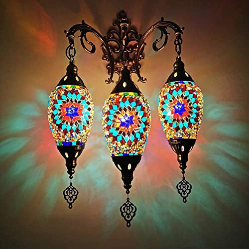 BOTOWI Türkische Wandlampe Vintage Mosaiklampe Handgefertigt 15 Zoll Breite Kreativität Rugby Design Lampenschirm DREI Köpfe Wandleuchte Lampe Für Treppe Korridor Bar,O