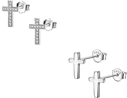 Bo Win 2 Paare Silber 925 Sterling Kreuz Ohrringe Damen & Herren mit Cubic Zirkonia
