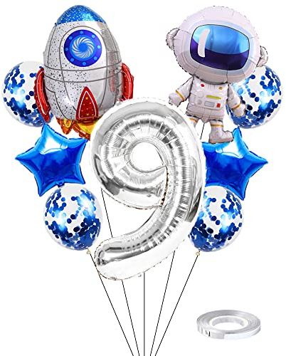 Kawailay Weltraum Luftballon Set Astronauten Geburtstag Deko 9 jahre Astronauten Raketen Folienballon Silber Zahl 9 Luftballons Aluminium Ballon für Kinder Jungen Mädchen Geburtstag Party