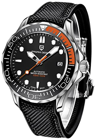 Pagani Design Mechanische Herrenuhr Stundenzeiger Leuchtende Stahl Taucheruhr Japanisches Uhrwerk Saphirglas Kalenderanzeige Fashion Business NH35 Watch 1667 (Silikon Orange PO-1667)