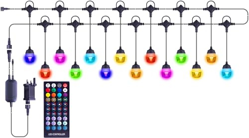 App and Remote Controlled Colour Changing Outdoor String Lights RGB + W LED 13M Waterproof Commercial Dimmable Festoon Lights 14 Shatterproof Lamps for Patio, Garden, Christmas.