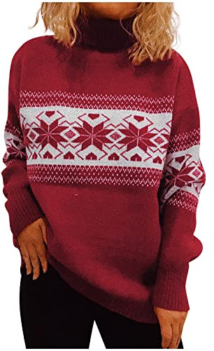 Weihnachtspullover Schneeflocken Pullover Damen Rollkragen Sweater Winter Warm Weihnachtspulli Langarm Gestrickte Jumper Sweatshirt Weihnachten Pulli Oberteile Tops