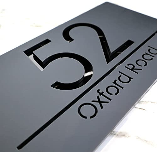 K Smart Sign | Bellisima H3 F31 | Matt Dark Gray Personalised House Sign Laser Cut 3d Door Numbers Street Address Grey Number Signs Plaque | 300mm x 160mm (Matt Dark Gray & Black Marble Effect)