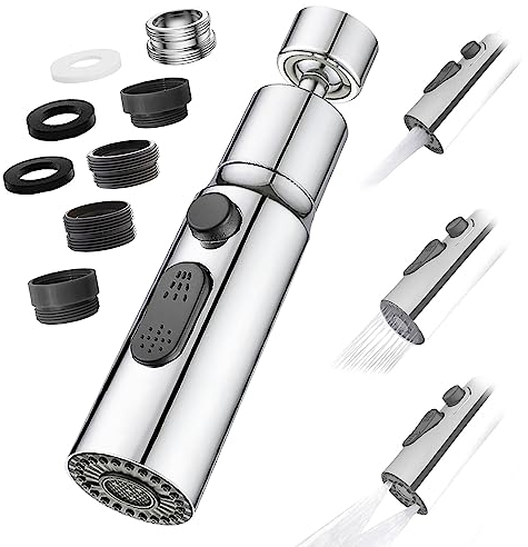 Aérateur de Robinet, 360° Pivotant Embout Robinet Cuisine avec 3 Modes Douchette Mousseur Robinet Economie Eau, Adaptateur Economiseur D'eau Pour Robinet Salle De Bain lavabo (Argent)