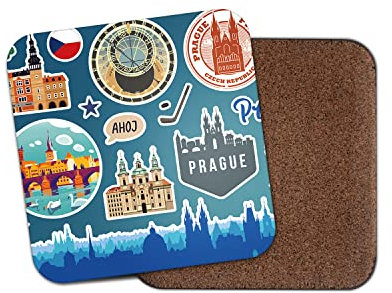 Quadratischer Einzel-Untersetzer – Prag Tschechische Republik Sehenswürdigkeiten Karte Flughafen Briefmarken Flagge Reise Urlaub Stadt Küche Tasse Getränke Haus #79122