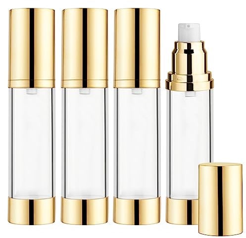 BOSMIOW 4Pcs 50ml/1.7oz Long Airless Lotion PumpRefillable Vacuum Bottles Travel Size Makeup Foundations Dispensers,Face Cream Containers with Golden Aluminized Pump Head