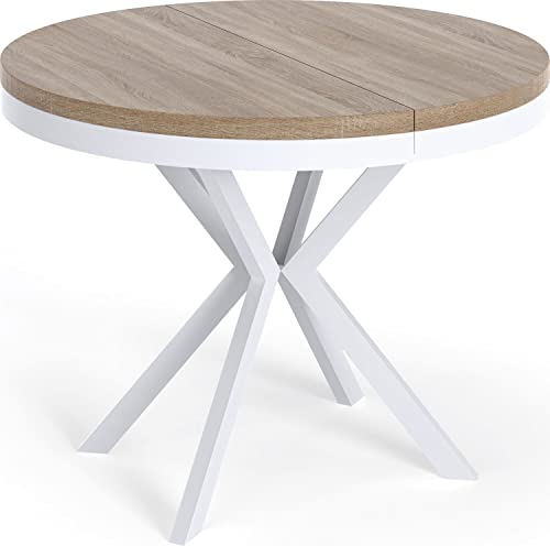 WFL GROUP Table à Manger Extensible Ronde - Table Style Loft avec Pieds en Métal Blancs - 120 à 200 Cm - Table Ronde Style Industriel pour Le Salon - Compacte - 120 Cm - Chêne Sonoma