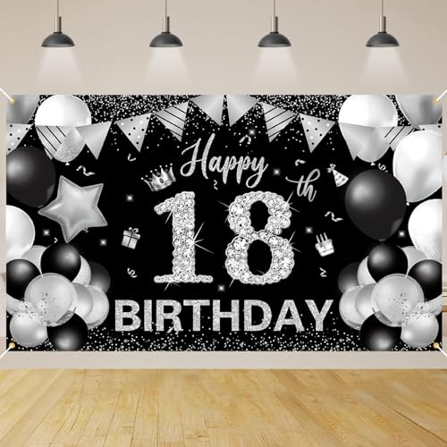 18 Geburtstag Party Dekoration,BTZO 18.Geburtstag Banner Schwarz Silver,Extra Große Stoff Hintergrund 18 Party Geburtstagsdeko Frau Mann