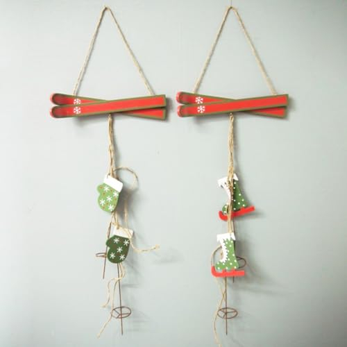 MACOSA GR14891425_x2 Hängedekoration 2er Set Holz Ski Schlittschuh rot grün 55 cm Dekogirlande Weihnachten Winterdekoration Winter-Deko Weihnachtsdekoration Dekohänger