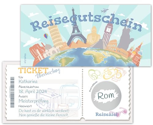 Gutschein Reise und Urlaub, Reisegutschein mit Rubbelaufkleber, Geldgeschenk Reise, Flugticket, Überraschungsreise Karte, Rubbelkarte zum Selbstbeschriften, Überraschungskarte Geschenkidee (Urlaub)
