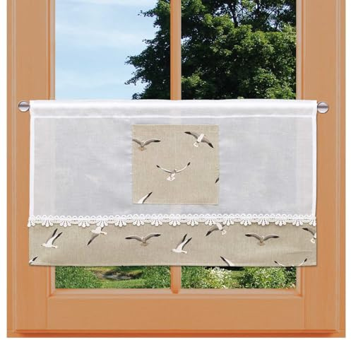 Scheibenhänger Ilma Möwe mit Vogtländischer Spitze und Taschen zum Dekorieren | maritime Scheibengardine in weiß-natur für Bad und Esszimmer | blickdichte Kurzgardine Höhe x Breite60 x 60 cm