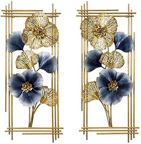 CINASA Wanddekoration, Metall-Wanddekoration – Kunst-Wandbehang, Metall-Wandkunst, Blume, goldfarben, blau, abstrakt, Ginkgo-Blatt, Wandbehang, Wohnzimmer, Hintergrundwand