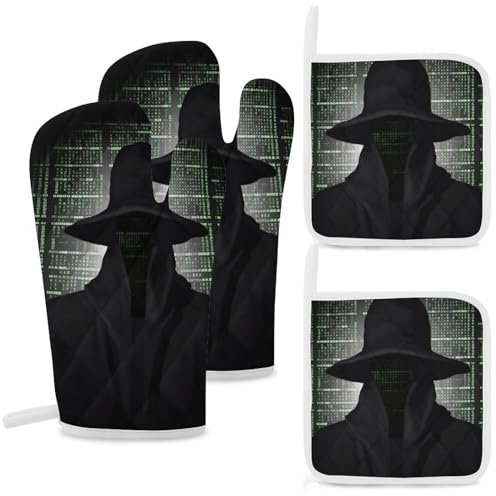 Ofenhandschuhe und Topflappen-Set, rutschfest, schwarzer Hut, dunkle Seite, hitzebeständiger Ofenhandschuh mit Aufhängeschlaufe, Topflappen, Küchenhandschuhe zum Backen, Kochen, Grillen, 4 Stück