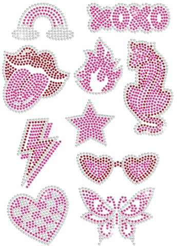 MAYJOYDIY 10 Styles Pink Leopard Red Lip Rhinestone Iron on Hotfix Transfer Rainbow/Star/Heart/Flame/Lightning/Sunglasses/Butterfly/Bling Patch Rhinestone Heat Transfer Decal for Clothes Bag Pant