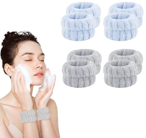 4 Paar Handgelenk Waschband, Elastisches Mikrofaser Gesicht Wasch Kosmetik Haarband, Armband für SPA, Geeignet für Hautpflege, Make-up, Hausarbeit, Fitness mit 2 Haken(Grau-Blau)