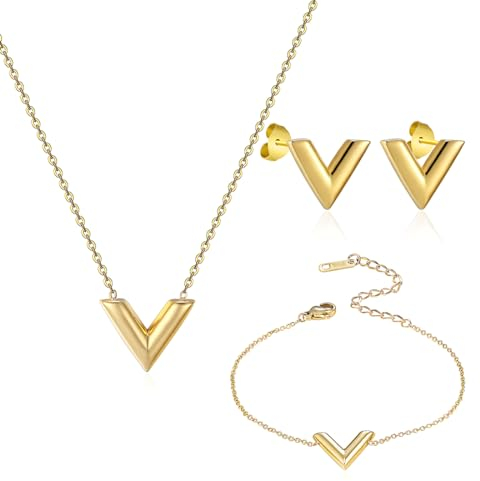 ARHZ schmucksets für damen,Halskette mit V-Buchstaben und ein Paar Ohrringe,Gold