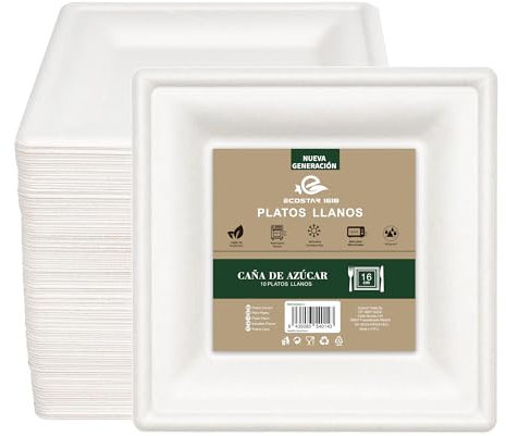 Genérico ECOSTAR Platos Desechables de Caña de Azúcar- Platos Biodegradable - Ecologicos Perfectos para Reuniones, Celebraciones,Eventos de Grupo y Fiestas (100, Cuadrado 26CM)