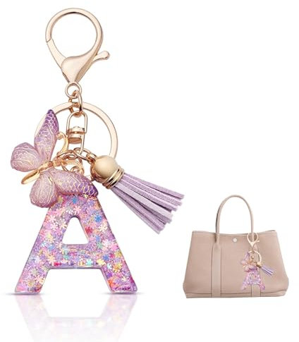 Porte Clef Lettre,Porte-clés avec lettre,Porte-clés Lettre en Résine,Porte-Clés Initiale,porte-clés fille initiale cadeau avec pendentif papillon et pampille pour sac à dos, cartable,Rose (violet)