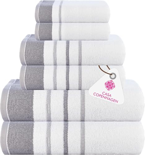 Casa Copenhagen White Bay Serviette en Coton égyptien 600 g/m² pour hôtel Spa Cuisine Salle de Bain Lot de 6 2 Serviettes de Bain 2 Mains 2 débarbouillettes–Blanc avec borduregrisfoncé et Gris Clair