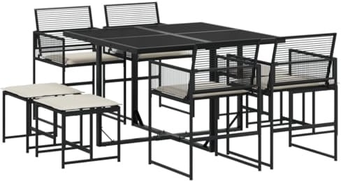 vidaXL 9-TLG. Garten-Essgruppe mit Kissen Schwarz Poly Rattan