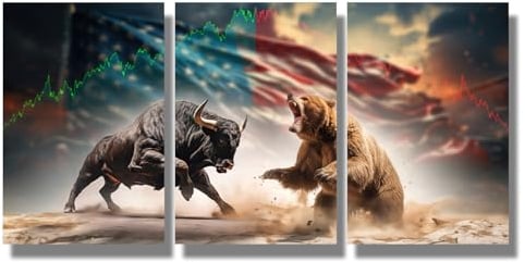 LSIUHWUWI 3-teiliges Leinwandbild, USA-Flagge, Hintergrund, Stier und Bär, Leinwand-Kunst, Börsenmarkt, grün-rot, moderne Leinwandkunst, Wanddekoration, Bürodekoration, 30,5 x 40,6 x 7,6 cm