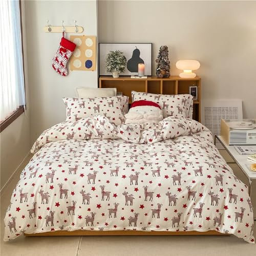 Lanqinglv Weihnachten Bettwäsche 135x200 4teilig Mädchen Kinder Weiß Rot Hirschmuster Sterne Babybettwäsche Kinderbettwäsche Bettbezug und 2 Kissenbezug 80x80 mit Reißverschluss