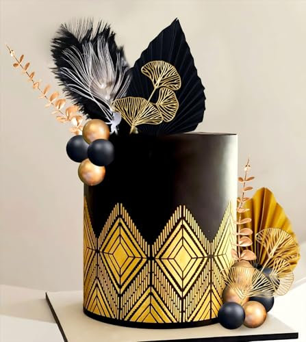 Black Gold Balls Cake Topper Gold Palm Leaves Cake Decorations Prom Cake Decoration Roaring 20s Cake Decoration 1920s Party Supplies