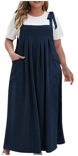 AMhomely Ladies Plus Size Sleevless Linen Summer Dress Pinafore Dungarees Dress Sloid Color Loose Fit Flared Swing Dress Casual Plain Pleated Maxi Dress,000 Blue,4XL