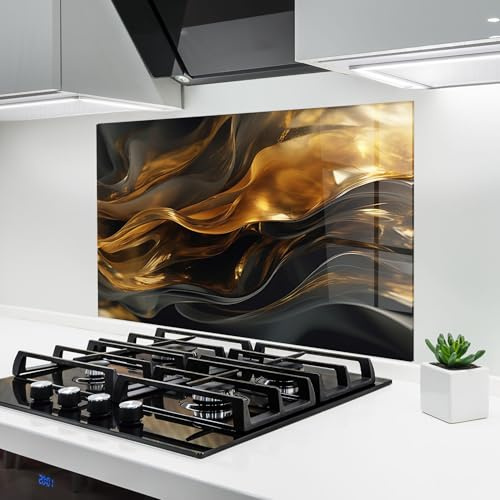 ARTHUB® Glass Kitchen Splashback 70x100 cm, Tempered Glass 4mm | Heat Resistant, Stove Splash Guard, Wall Protector, Abstract, Gold with Black Wave