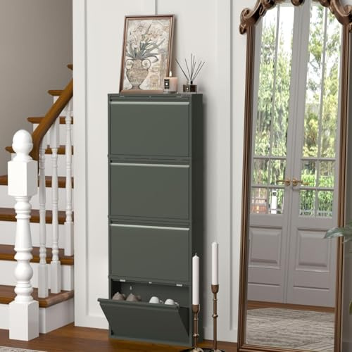 VEEHAUS Schuhkipper Metall schmal hoch, Magnetisch 4 Klappen Wandmontage | Belüftete Fächer, Max. Belastung 15 kg, Glänzende Oberfläche, Schuhschrank für den Innenbereich, Montagematerial inkl.