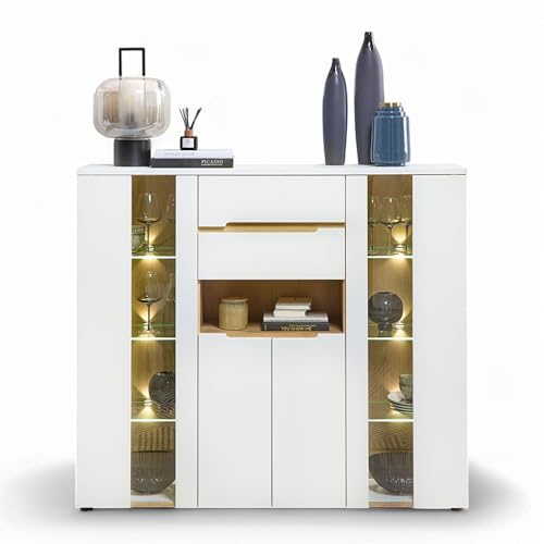 Stella Trading Memphis Highboard in Weiß, Artisan Eiche Optik - Moderner Wohnzimmerschrank mit Schubladen und LED-Beleuchtung - 145 x 127 x 38 cm (B/H/T)