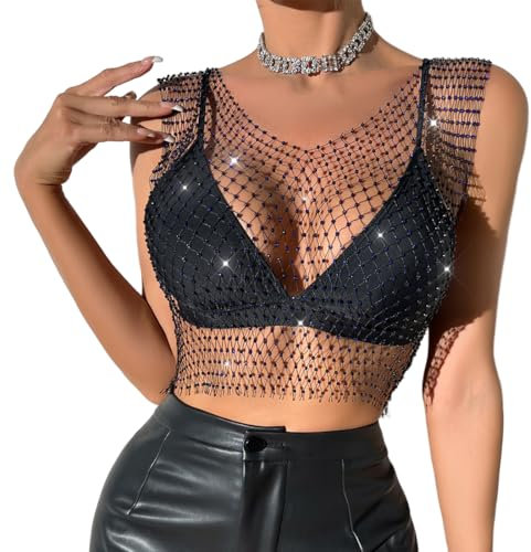 CATOR 1 pcs Top con catena per il corpo in rete con strass lucidi per donna Top corto in bikini lucido per festival in discoteca Scollo a V - Nero