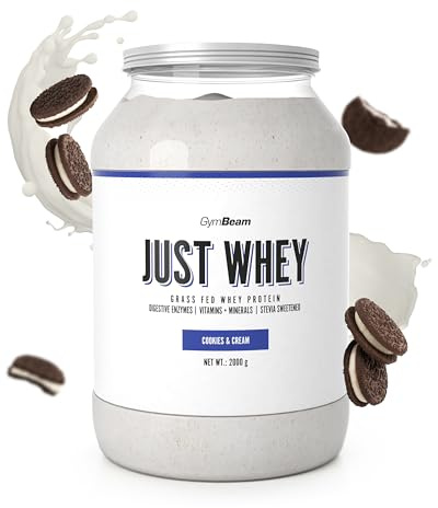 Just Whey Protein Pulver – aus Weide-Kuhmilch, mit DigeZyme® für bessere Verdauung, Mehrkomponenten Eiweißpulver mit essentiellen Aminosäuren & BCAAs – GymBeam (2000 g, Cookies & Creme)