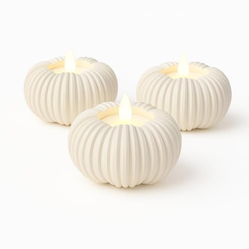 Alupedia 3-teiliges Kürbis Teelichthalter Set – stilvolle Deko für Herbst & Halloween – inklusive LED Teelichter – Moderne gerillte Kürbisform, ideal für Tisch, Fensterbank & Wohnzimmer (Ivory White)