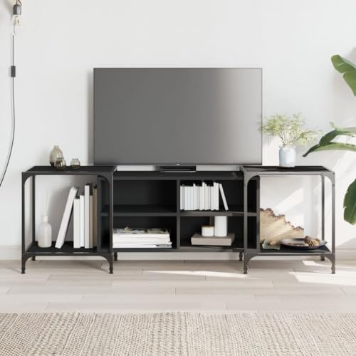 SKTQYQO Elegante Mobile Porta TV Nero Design Industriale con Ripiani Regolabili, Ampio Spazio di Archiviazione, Struttura in Metallo e Legno Multistrato Resistente,
