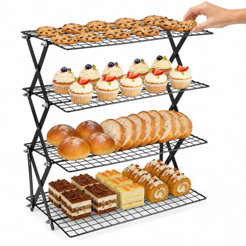 Cooling Racks for Baking - Heavy Duty, Space-Saving for Kitchen & Camping | 4 Tier Cooling Rack, 45.5x45cm Large Cake Cooling Rack, Foldable Wire Cooling Rack for Cookies Baking, Roasting, Cakes,Bread
