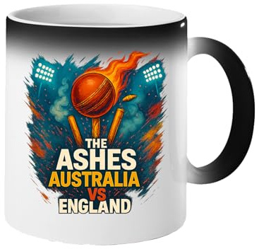 Excudo Trade LTD The Ashes Cricket Australia vs England Rivalry Cup Magic Heat Reveal Cricket Mug Fiery Design Appears with Hot Drink Fun Gift - Black