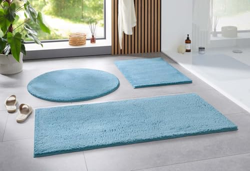 Taracarpet Badematte Uni Boho rutschfest, waschbar, Badezimmer-Teppich, Bad-Vorleger, WC Deko, Duschvorleger für Dusche und Badewannen weich und als Set kombinierbar New Hellblau 050x080 cm