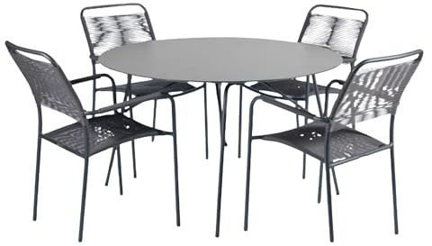 mandalay Gartenmöbel Set 4 Stühle mit runder Tisch Ø120cm | Wartungsfreies Aluminium & HPL Schiefer-Optik | Verona Stapelstühle mit SunLoom Geflecht | Kompaktlaminat Essgruppe für Außen