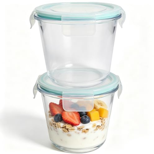 2 recipientes de cristal con tapa, redondos, 700 ml, para preparar comidas, cajas de cristal con tapa hermética, recipiente para sopa, recipiente de cristal con tapa, apto para microondas y horno