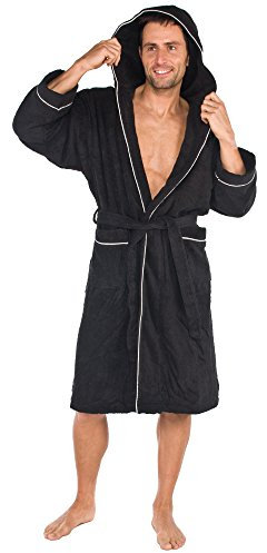 CelinaTex - Albornoz de mujer con capucha y ribete, de algodón, bata de rizo para hombre, tallas S - XXL Negro con ribete para hombre y mujer S