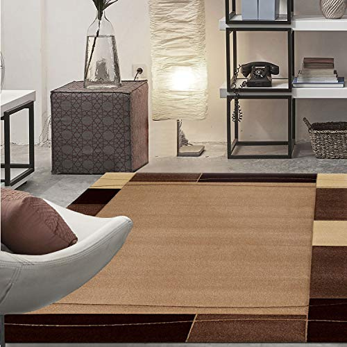VIMODA Teppich Modern Klassiker für Wohnzimmer Kurzflor Dich gewebt mit Bordürenmotiv braun beige und Konturenschnitt, Maße:80 x 150 cm
