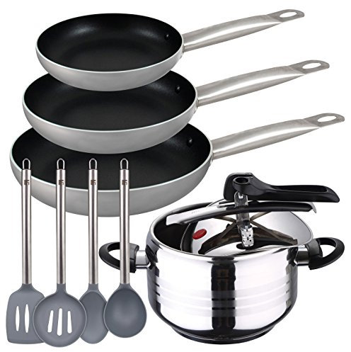 San Ignacio Premium Olla a presión 5 L Duna 3 sartenes Proffesional Chef Platinum 22/26/30 + Set 4 Utensilios SIP, Express Aluminio prensado Nylon y Acero Inoxidable, Cromado