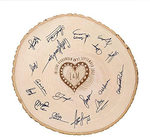 Casa Vivente Große Baumscheibe mit Gravur Personalisiert mit Initialen und Datum, Motiv Herz, Gästebuch Hochzeit, Türschild aus Holz, Dekoration, Hochzeitsgeschenke für Brautpaar