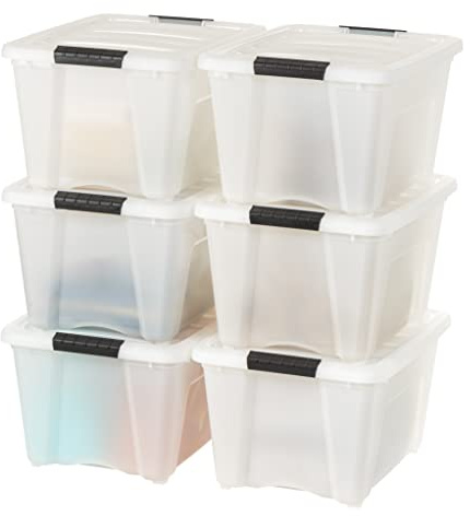 IRIS USA 6-Pack 32 Quart Storage Bins with Lids, Pearl | Conceals contents for a neat look, Ideal for linens, décor, closet essentials, and household supplies