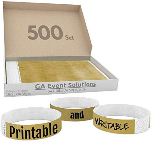GA Event Solutions 500 bandas de acceso de Tyvek para diseñar e imprimir en color dorado, pulseras de acceso para fiestas, festivales, eventos