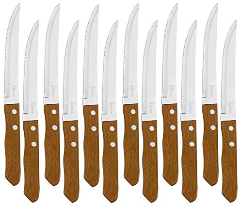 Juego de 12 Cuchillos de mesa con mango de madera natural, Cuchillo de Carne Acero Inoxidable - Hoja de Sierra